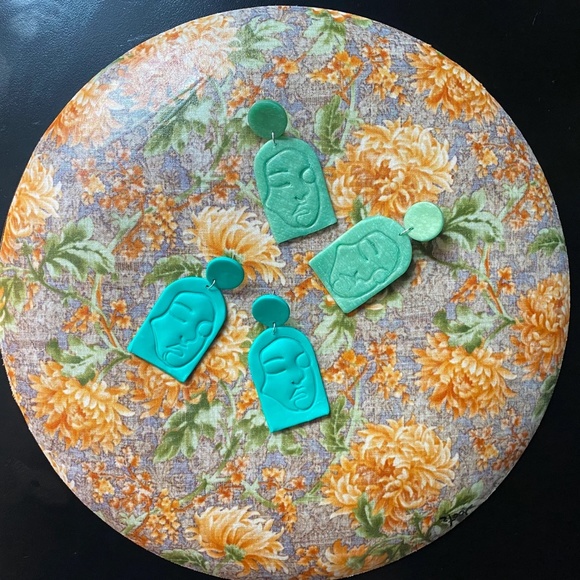 Handmade Clay Earrings | Face Outline Statue | Dark Turquoise | Push Backs - Picture 7 of 9